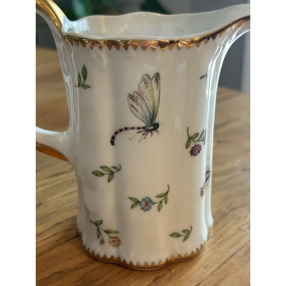 Vintage Godinger & Co. Primavera Porcelain Butterfly White Pitcher Gold Trim 7